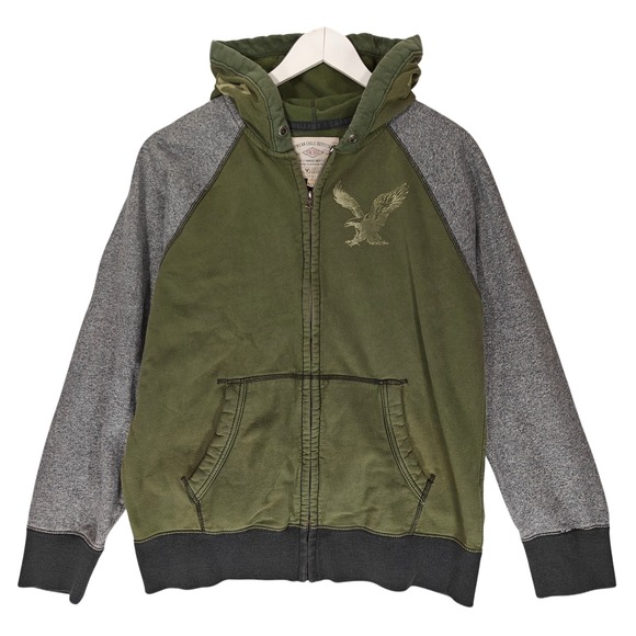 American Eagle Outfitters Other - American Eagle Mens Full Zip Hoodie Green Gray Colorblock Eagle Graphic Large